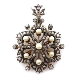  Victorian diamond and pearl pendant set in gold and silver, retailed by Jay's diamond merchant, London, in original box  