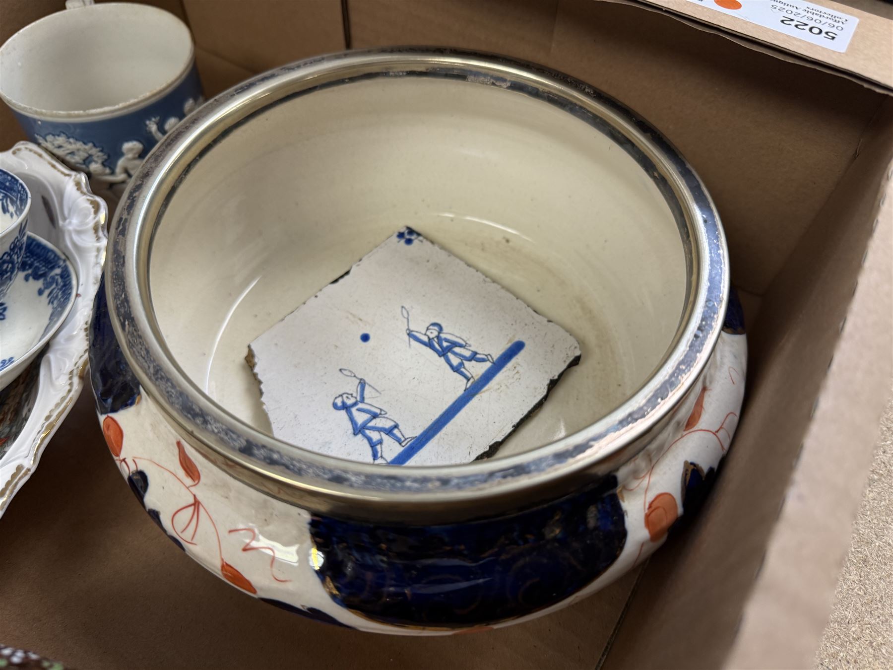 19th century and later ceramics, including Sunderland lustre mug, with agricultural scene and quote, together with lustre teapot and jugs, bowl with silver rim, Sampson dish, English blue and white tea bowls and saucers, blue and white tile, etc
