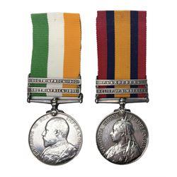 Boer War pair of medals comprising Queens South Africa Medal with two clasps for Paardeberg and Relief of Kimberley and Kings South Africa Medal with two clasps for South Africa 1901 & 1902, awarded to 9752 Dvr. T. Finan A.S.C. with ribbons (2)