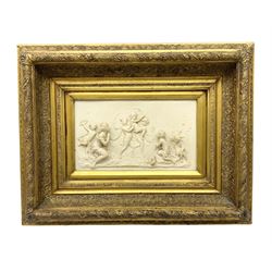 Composite marble effect plaque, depicting a Classical scene moulded in high relief, within heavy decorative gilt frame, H44cm W57cm