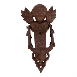 Cast Iron door knockers, surmounted with a chrub, H20cm 