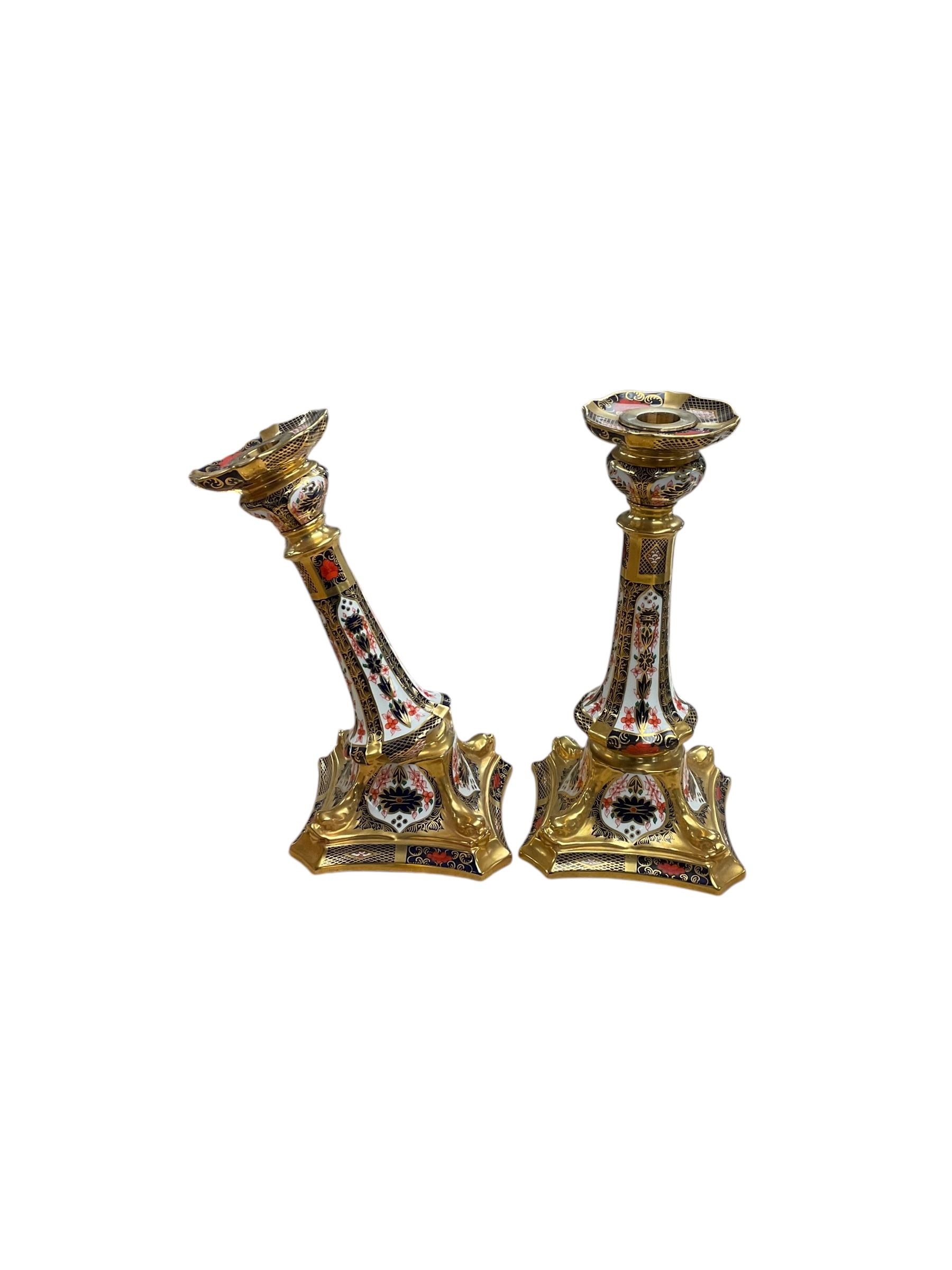Pair of Royal Crown Derby Imari Pattern Candlesticks, numbered 1128, H27cm