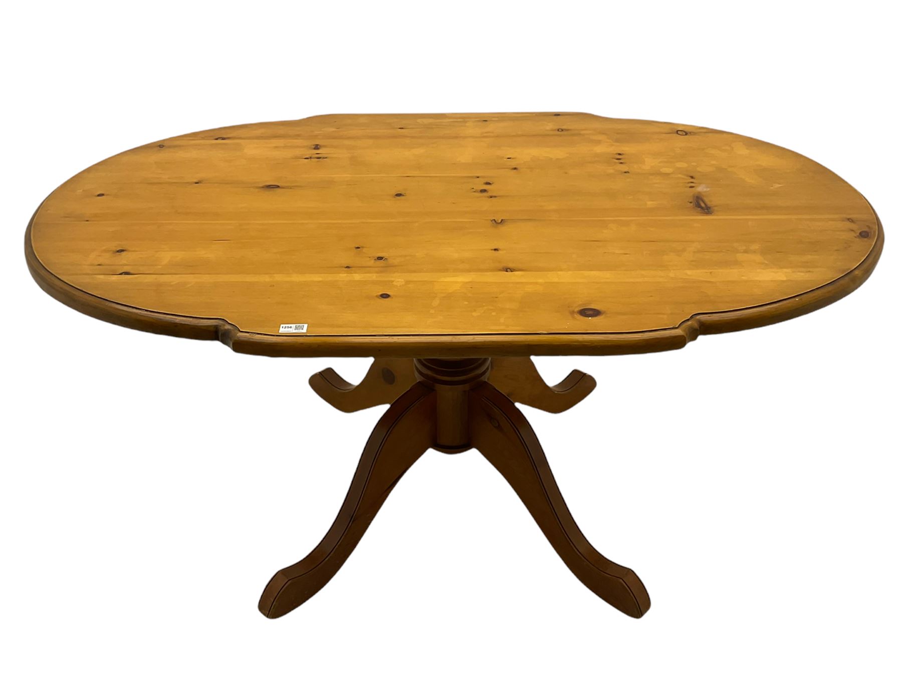 Solid pine oval pedestal dining table, and four farmhouse chairs The
