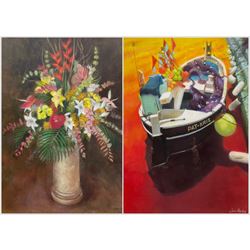 Leonard 'Len' Hardy (British 20th Century):Boats at Sunset and 'Flowers Cruise Ship Style', two pastels signed, one titled verso, max 67cm x 50cm (2)