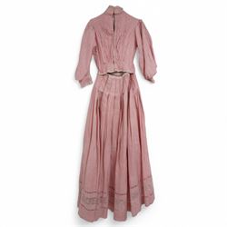 Edwardian ladies pink linen bodice and skirt, with eyelet closure and lace detailing to skirt cuffs and collar, with gathered and pleated detailing 