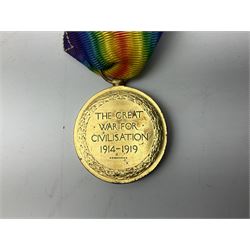 WW1 group of three medals comprising British War Medal, Victory Medal and 1914-15 Star awarded to 840 Dvr. A.J. Haggis R.F.A./R.A.; and WW2 War Medal and Defence Medal (5)