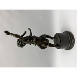 After E Plat, bronze modelled as a dancing child, signed E. Plat, upon cylindrical black marble base, H40cm