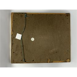 George III silkwork picture, of oval form depicting a female figure in garden setting, within a silkwork border detailed with verse from Robert Burns Bonnie Peg, 'Her air sae sweet, and shape complete, The Queen of Love did never move, Wi' Motion mair enchanting!', and monograms 'FV' and 'SM', in reeded gilt frame and gilt mount, indistinctly inscribed in pencil verso, overall H36cm L30.5cm