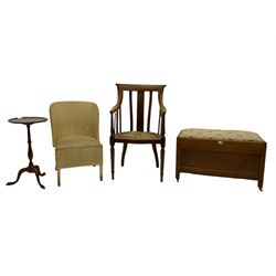 19th century mahogany stool with hidden hinged storage compartment, two desk chairs, wicker chair, drop leaf table, standard lamp, wine table, cake stand, needlework table (9)