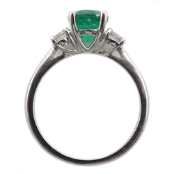  18ct white gold round emerald and diamond three stone ring hallmarked, emerald approx 1.3 carat  