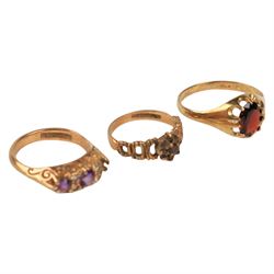 Three 9ct gold stone set rings, all hallmarked