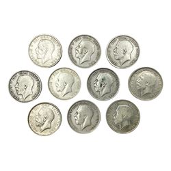 Ten King George V 1914 silver half crown coins