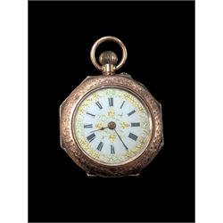 Ladies 9ct gold cased fob watch, with floral engraving to back case, stamped 375