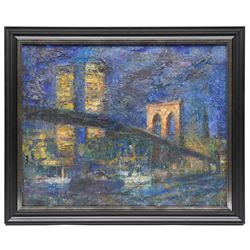 Lucien Dulfan (Russian/American 1942-): Moonlit Cityscape with the Twin Towers, mixed media on board unsigned, LD gallery label verso 40cm x 50cm