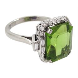 18ct white octagonal cut peridot, old cut and baguette cut diamond cluster ring, stamped 18ct Plat, peridot approx 8.70 carat