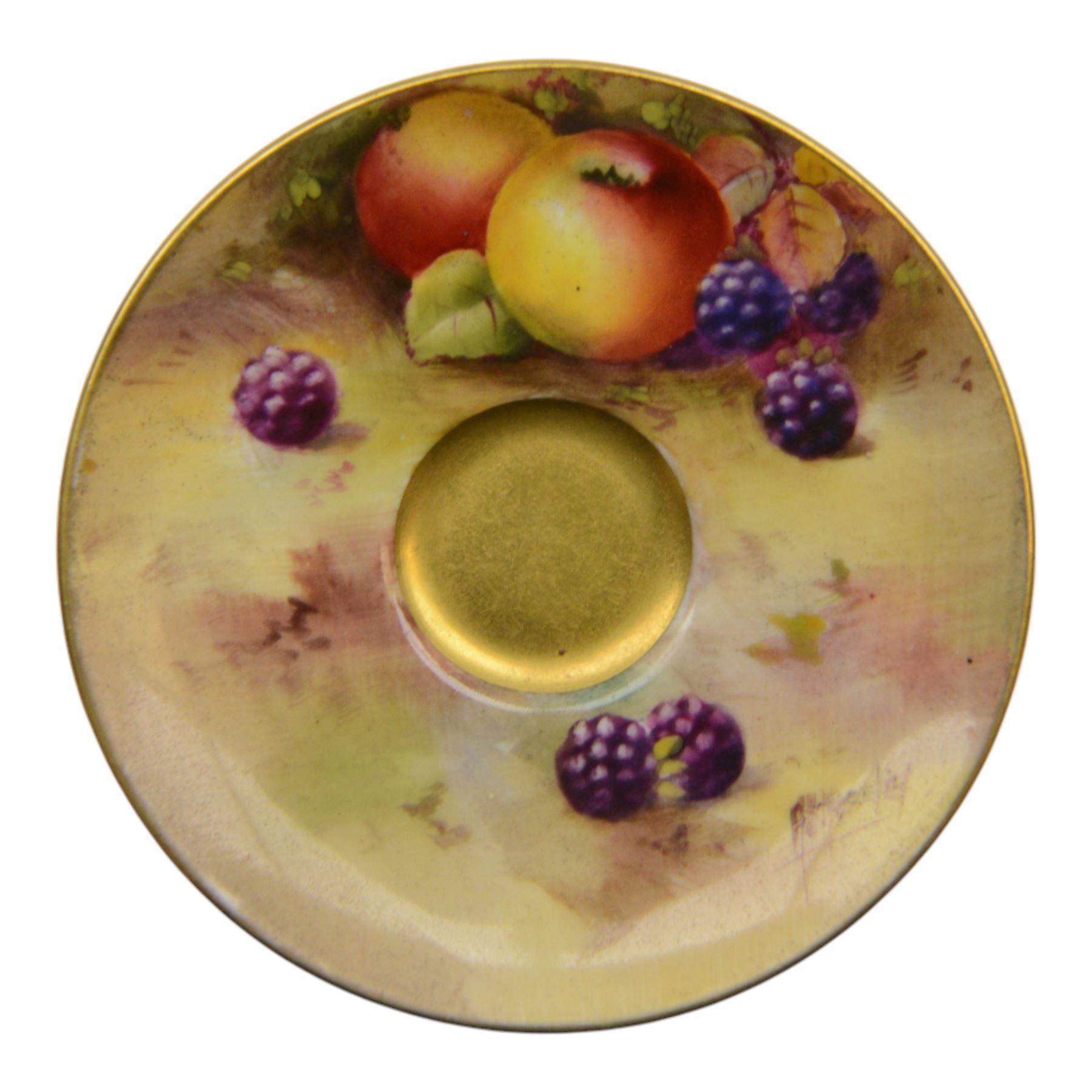 Two Royal Worcester fruit painted miniature cabinet cups and saucers, the first example interior hand painted with apples and blackberries upon a mossy ground, the cup exterior and centre of saucer gilded, cup signed W. Hale and saucer signed G. Mosley, each with puce coloured printed marks beneath, the second example, exterior hand painted with pears and blackberries upon a mossy ground, the cup interior and centre of saucer gilded, cup signed Rushton and saucer signed W. H. Austin, each with puce coloured printed marks beneath, largest H6cm
