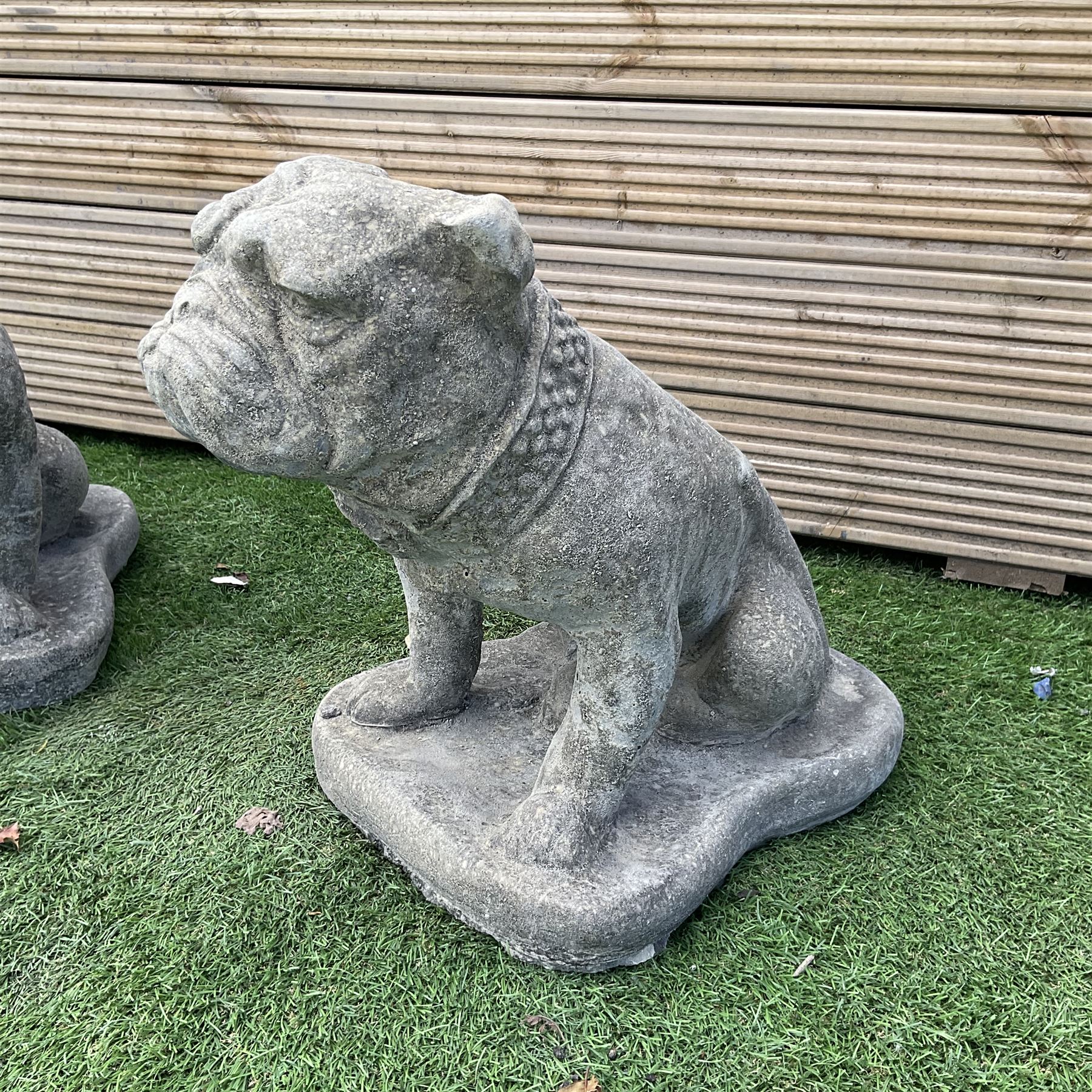 Pair of cast stone garden bulldogs, H40, D25, W45 - THIS LOT IS TO BE COLLECTED BY APPOINTMENT FROM DUGGLEBY STORAGE, GREAT HILL, EASTFIELD, SCARBOROUGH, YO11 3TX