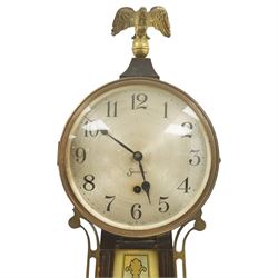 Early 20th century American wall clock by the Sessions Clock Company in banjo pattern case with eagle finial and shipping scene panel H108cm