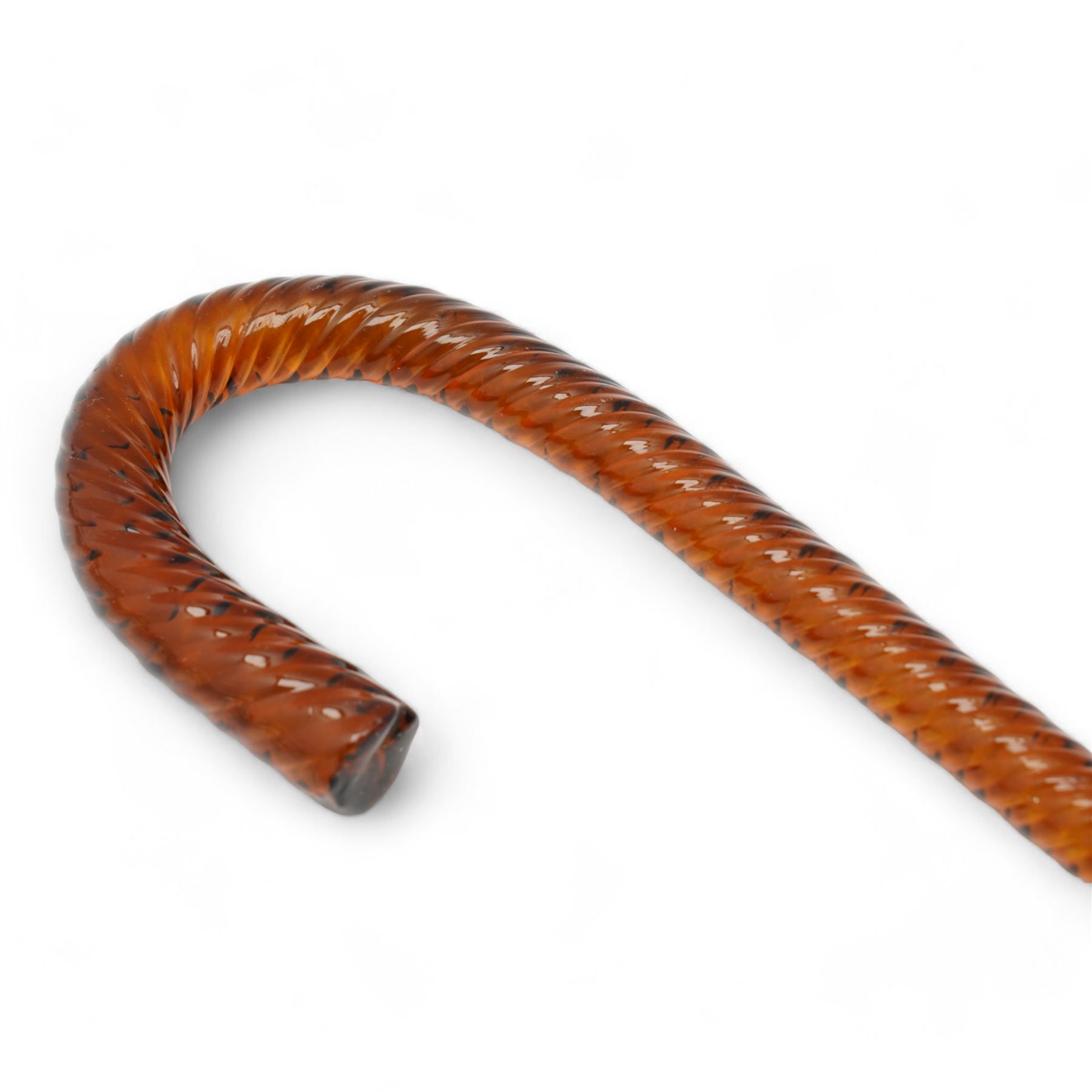 Five glass walking canes, including a Victorian cane with red helix twist pattern, shepherds crook, with barley twist decoration, amber glass and two others, max L155cm approx 