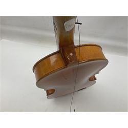 Four Chinese graduated violins - full size with 35.5cm two-piece back; three-quarter size with 33.5cm two-piece back; half size with 31cm two-piece back; and quarter size with 27.5cm two-piece back; all cased except full size; one with bow (4)