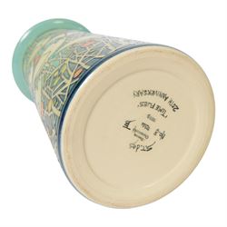 Dennis Chinaworks 'Time Flies' 20th Anniversary vase, designed by Sally Tuffin dated 2013 and numbered 8, of tapering cylindrical form with flared rim, decorated with doves upon a tube lined blue/green ground, with impressed and painted marks beneath, H24cm