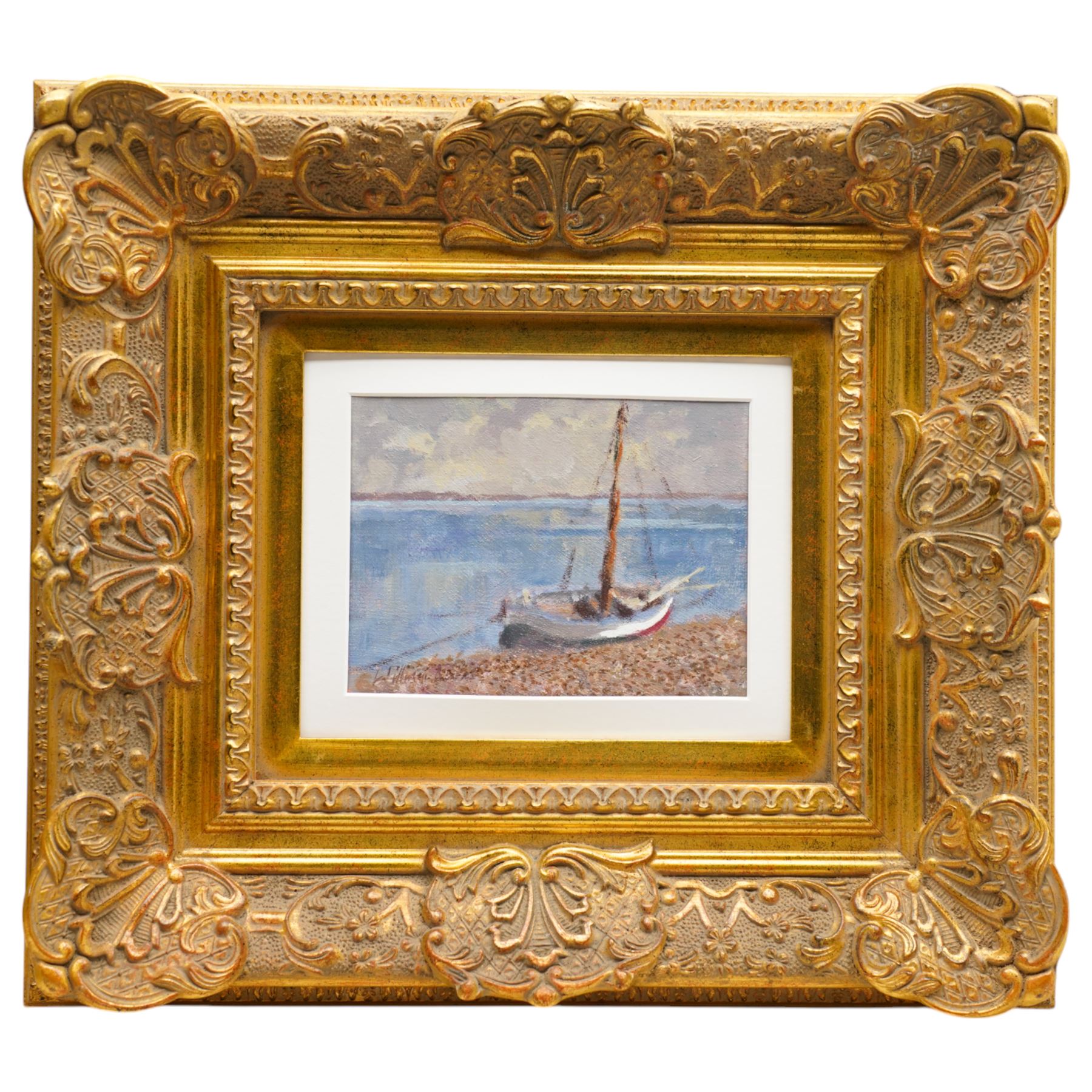 William Burns (Northern British 1923-2010): 'Boat on the Beach', oil on board signed, titled verso 15cm x 20cm