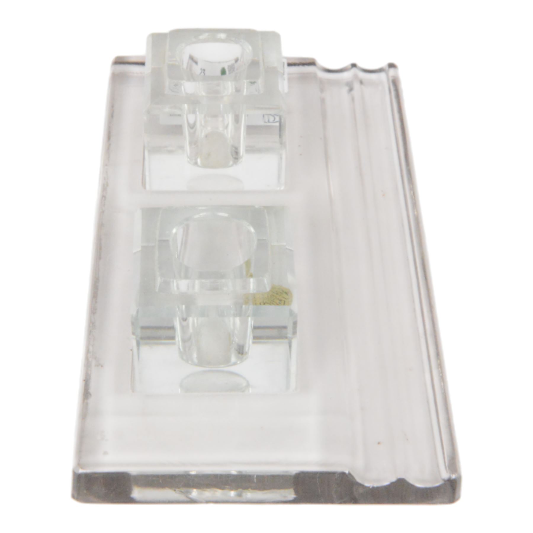 RCR lead crystal Art Deco style desk stand, with two square inkwells and two pen trays, H7cm, W28cm