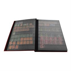 Great Britain stamps, Queen Victoria and later, including QV penny black with partial red MX cancel and three good margins, King Edward VII overprints, Queen Elizabeth II pre-decimal issues, many Queen Elizabeth II mint decimal stamps, etc, housed in four folders and one album