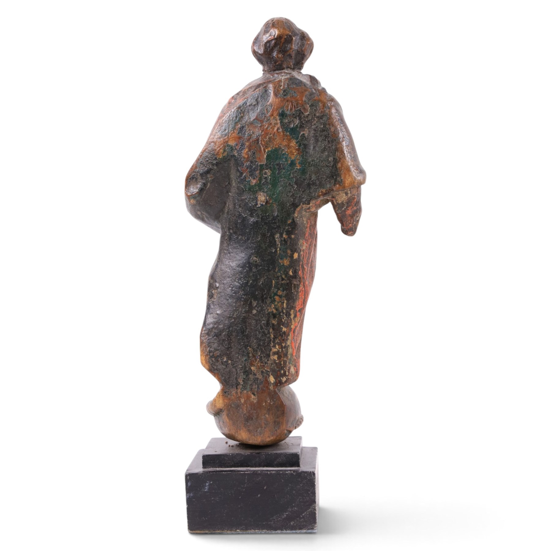 17th century, continental figure of saint, with painted polychrome detail, the figure adorned in robes, with hand on chest, upon a later wooden plinth, H31cm