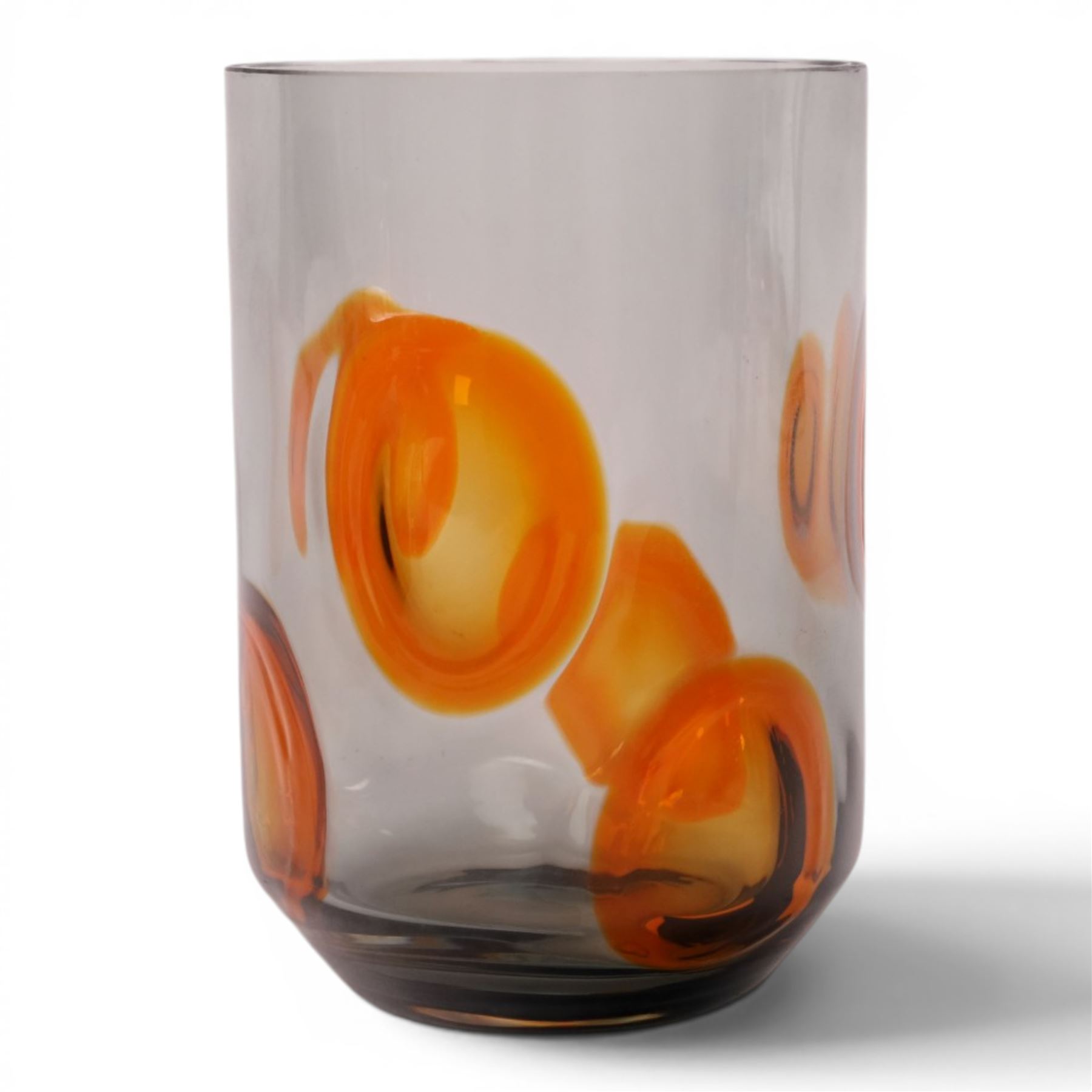 Whitefriars cylindrical vase in smoky brown with orange applied spots designed by Geoffrey Baxter, H19cm