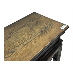 19th century Chinese black lacquer console table, rectangular moulded top over full-width drawer and scalloped apron with carved corner details, raised on square-section legs