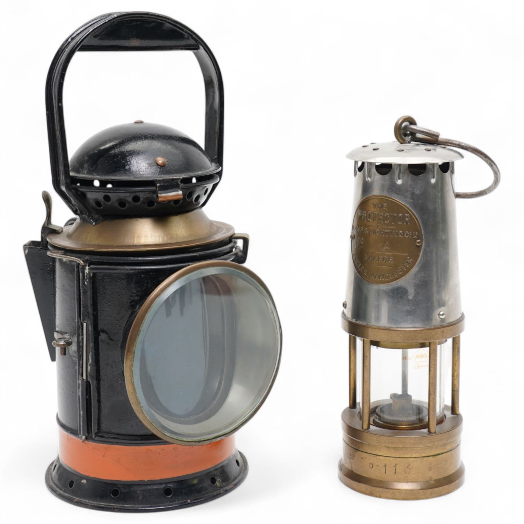 Railwayana - Early 20th century Sherwood Limited fog man's hand lamp with blue red and amber glasses, H31cm; together with an Eccles 'The Protector Lamp & Lighting Co' miners lamp, impressed D113 (2)