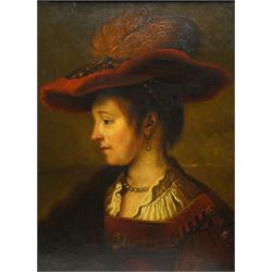 Marguerite Diericke (19th century) after Rembrandt van Rijn (Dutch 1606-1669): Quarter-Length Portrait of of 'Saskia van Uylenburgh' (1612–1642) the Artist's Wife, oil on canvas signed and dated 1885, 63cm x 47cm