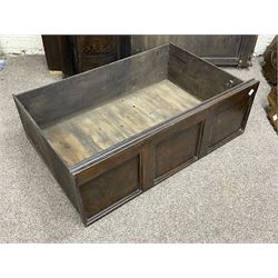 17th century style oak 4' four poster bed, high panelled back with projecting canopy cornice and panelled roof, turned posts with panelled front