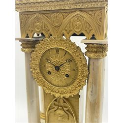 Mid 19th century French silvered and ormolu portico automaton clock in Gothic style case by Leroy A Paris, tile and finial cast sarcophagus top over projecting repeating cornice, the frieze decorated with pointed arches and foliage, four column supports each with foliage cast capitals, circular Roman dial in ornate leaf cast slip above brick and dolphin mask waterfall automaton, twin train driven movement striking on bell with anchor escapement and silk suspension, the movement back plate stamped ‘Leroy A Paris’