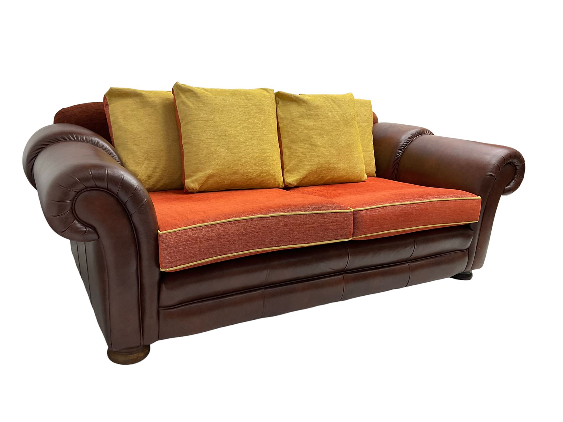 Gainsborough Lounge Suites - three piece leather and fabric lounge suite - pair two seat sofas (W225cm, H82cm, D105cm), and matching armchair (W88cm), on turned front feet with scatter cushions