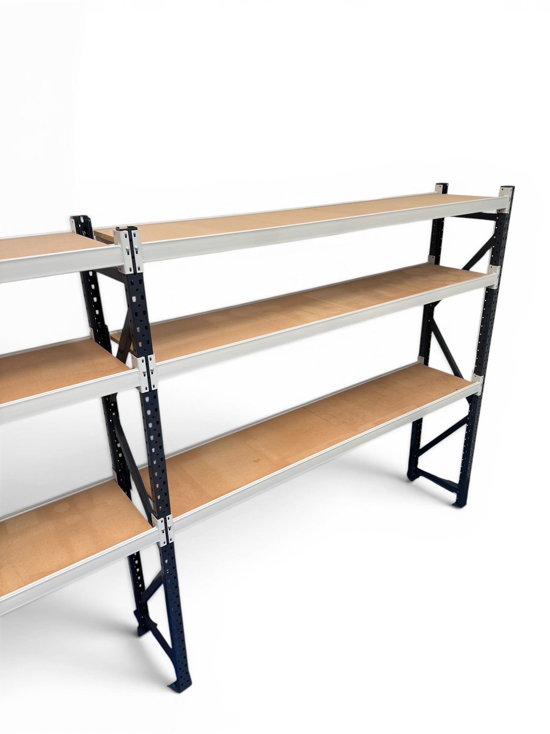Two bays of Constructor warehouse racking with MDF boards
