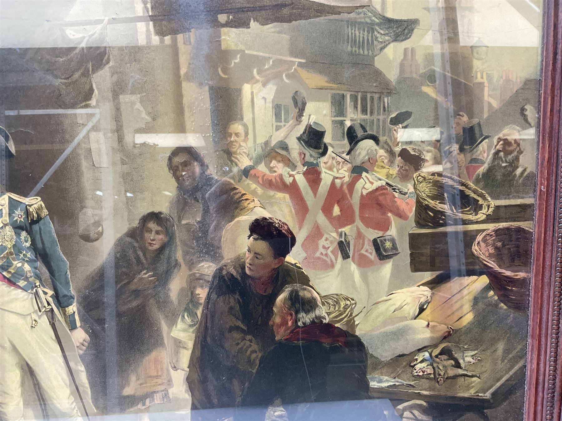 After Fred Roe, pair of colour prints of Lord Nelson, one titled 'Good-bye My lads', the other depicting Nelson walking through the streets of Portsmouth, 52 x 81cm, modern mahogany frames (2)