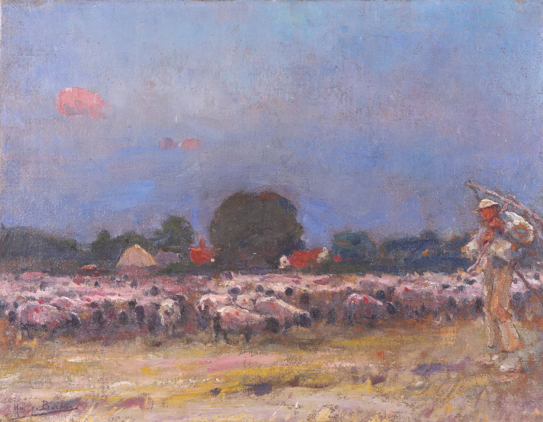 Harry Becker (British 1865-1928): Shepherd and his Flock, oil on canvas signed 35cm x 45cm 
Provenance: private collection, purchased Reeman Dansie 29th April 2025  Lot 1116; sold Reeman Dansie 4th August 2009 Lot 651