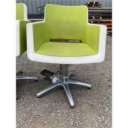 Salon Equipment - Set of four green and white faux leather hydraulic styling salon chairs - THIS LOT IS TO BE COLLECTED BY APPOINTMENT FROM DUGGLEBY STORAGE, GREAT HILL, EASTFIELD, SCARBOROUGH, YO11 3TX
