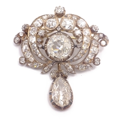  Victorian old cut diamond brooch, centre diamond approx 3 carat, pear shape drop diamond approx 1.6 carat, silver set, diameter 4cm   