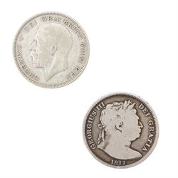 Two Queen Victoria silver one crown coins, 1889 and 1890, George III 1817 silver half crown, King George V 1935 silver half crown, and seven further coins