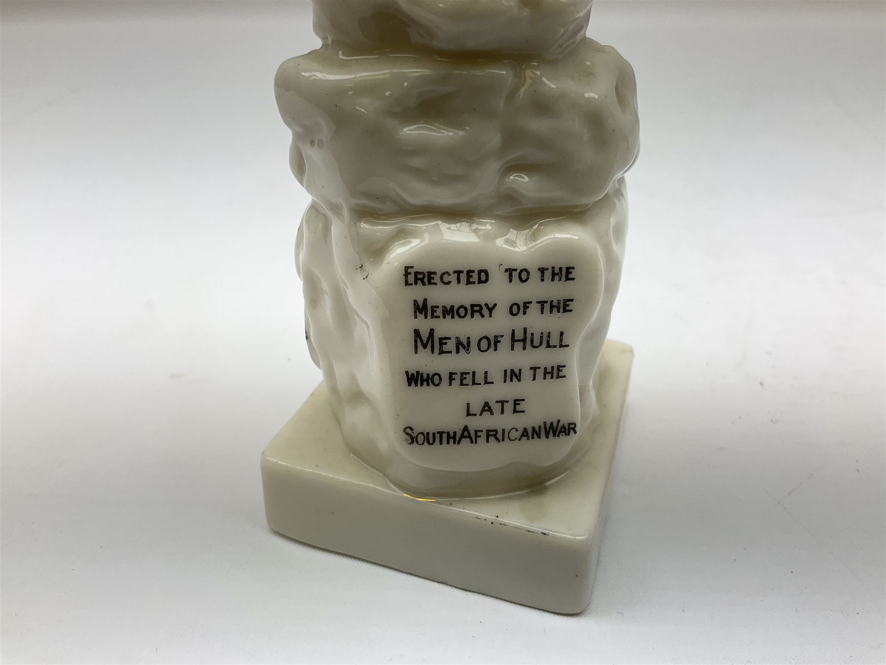 Royal Dux figure of a saluting soldier and Willow Art Crested ware Hull soldiers war memorial c1903 late South African war, tallest H19cm