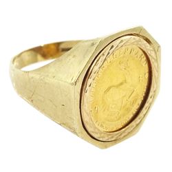 South Africa 1980 1/10 ounce fine gold Krugerrand coin, loose mounted in 9ct gold ring, hallmarked