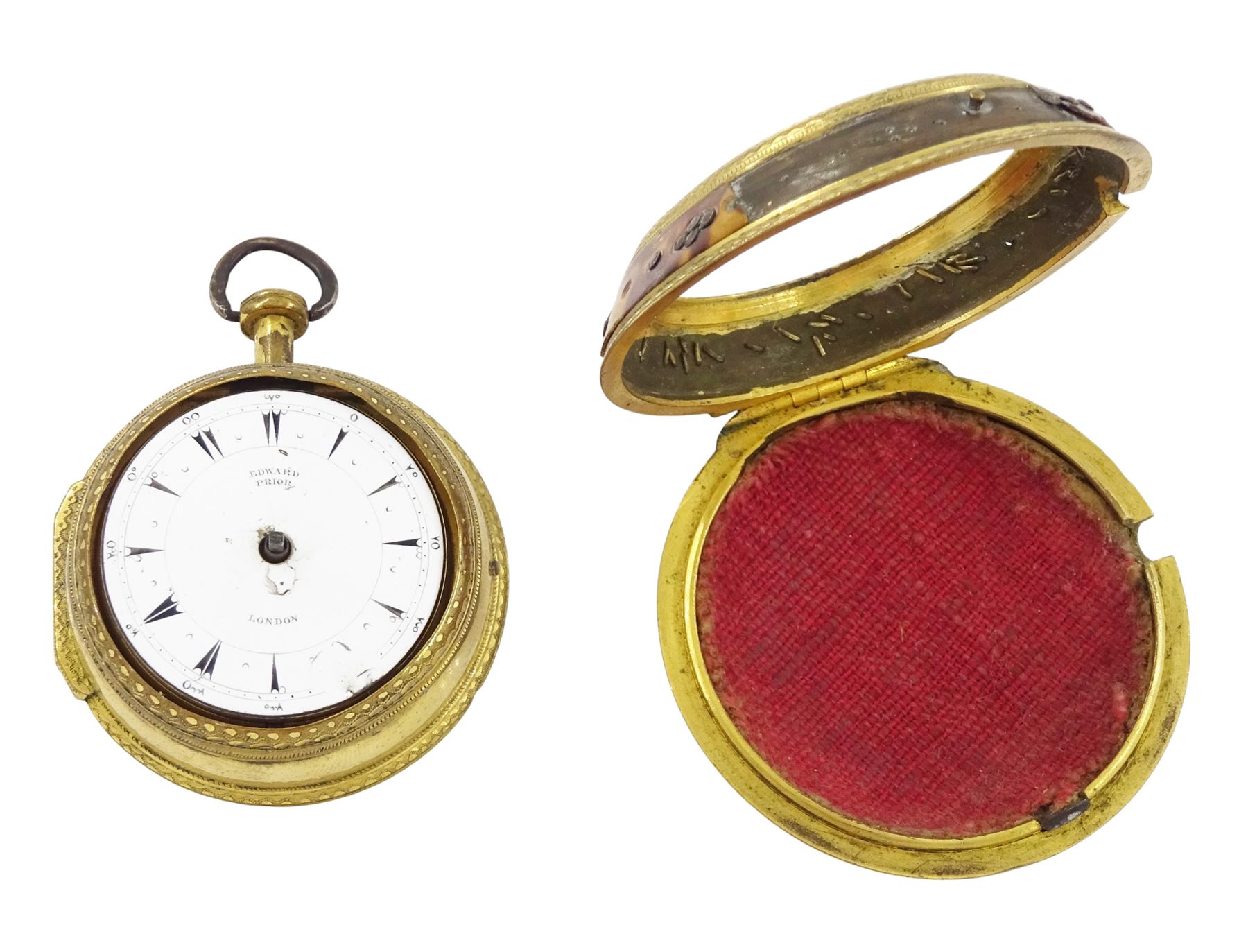 19th century gilt metal, triple cased verge fusee pocket watch, for the Turkish market by Edward Prior, London, No. 62801, pierced and engraved balance cock decorated with a classical urn, white enamel dial with Turkish hour markers, the outer tortoiseshell case, with pique work borders