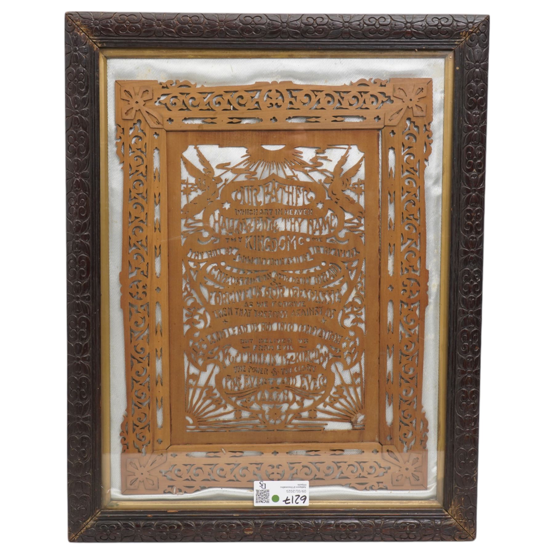 G Spawton Callow (British 19th Century); hand-written illuminated Golden Wedding Anniversary manuscript, from the Charles Street Chapel, Leicester, illuminated in gilt and decorated with a border of foliage, signed; together with a wooden fretwork panel of the Lord's Prayer and a preaching plan for The Wesleyan Methodist Preachers in the Whitby Circuit, max 69cm x 59cm (3)