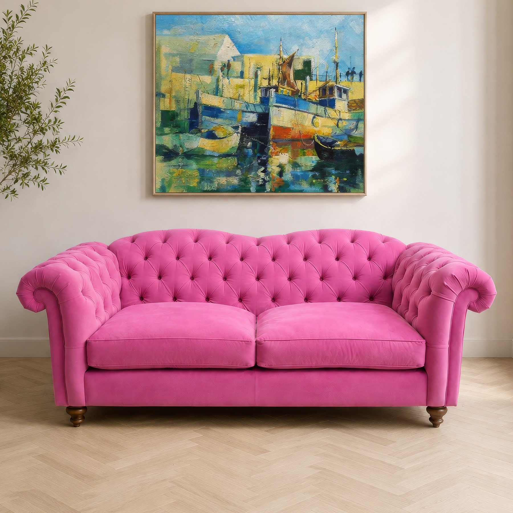 Joules - Windsor Chesterfield three seater sofa in pink velvet, shaped back with deep buttoned sides, loose seat cushion raised on turned and shaped supports