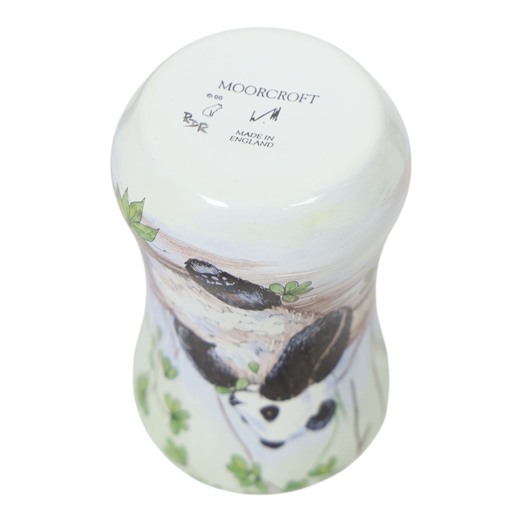 Moorcroft enamel vase, decorated with pandas, in box together with a small Moorcroft vase clematis pattern, enamel vase H8cm