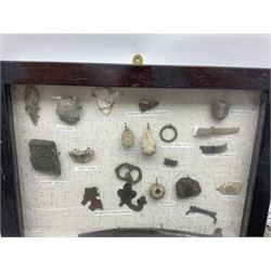 Collection of metal detector finds, to include Neolithic, Roman, medieval  specimens, musket balls, book bindings, tokens, shrapnel etc, 