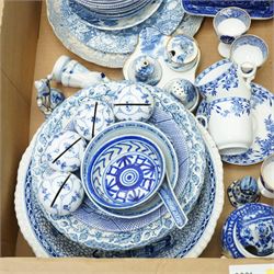 Collection of blue and white ceramics including pair of Asiatic Pheasant sauce tureens with covers and one ladle, four Royal Copenhagen place card holders and other items